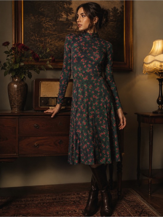Modcloth Dresses & Skirts - ModCloth Green Pink Rose Floral Mock Neck Dress Medium Long Sleeve Cottagecore